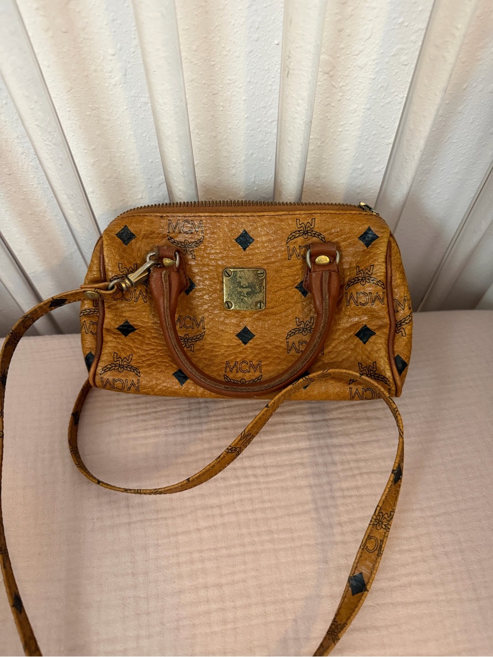 MCM Cognac Logo Visetos Satchel with Crossbody Strap